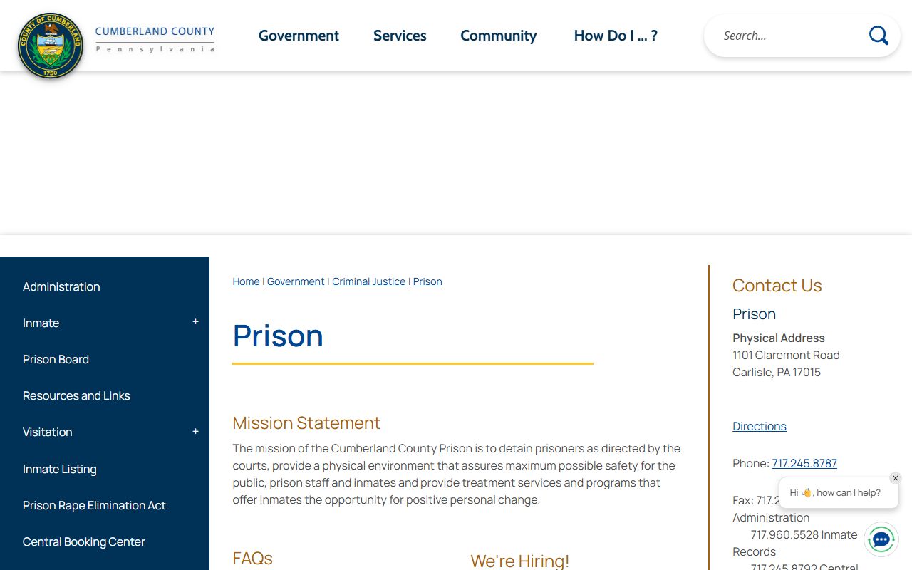 Cumberland County Prison inmate lookup department page