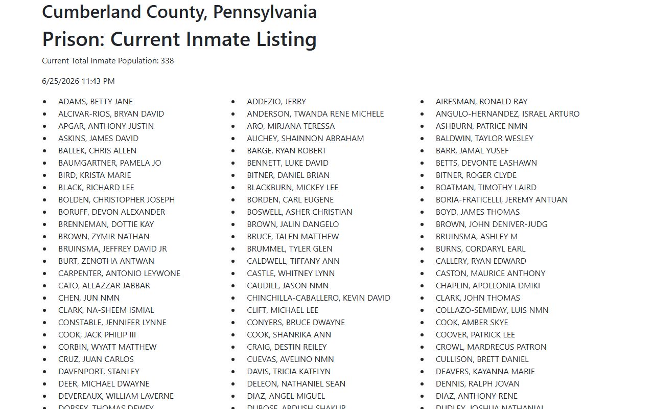 Cumberland County inmate population current inmate listing