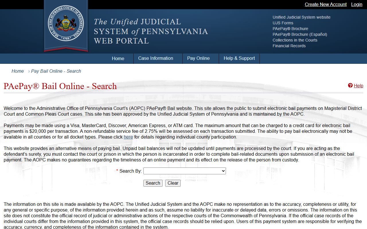 Pennsylvania PAePay Bail portal for Cumberland County court records after arrest